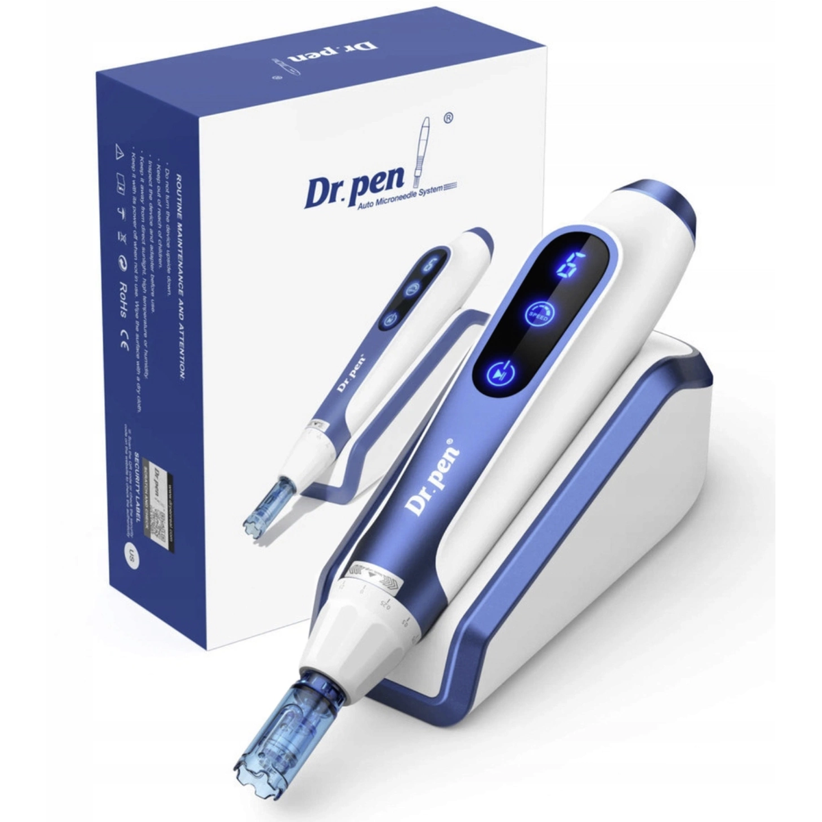 Blau-weißer Dr. Pen A11 auf seiner Ablage mit Pausenfunktion neben der Originalverpackung