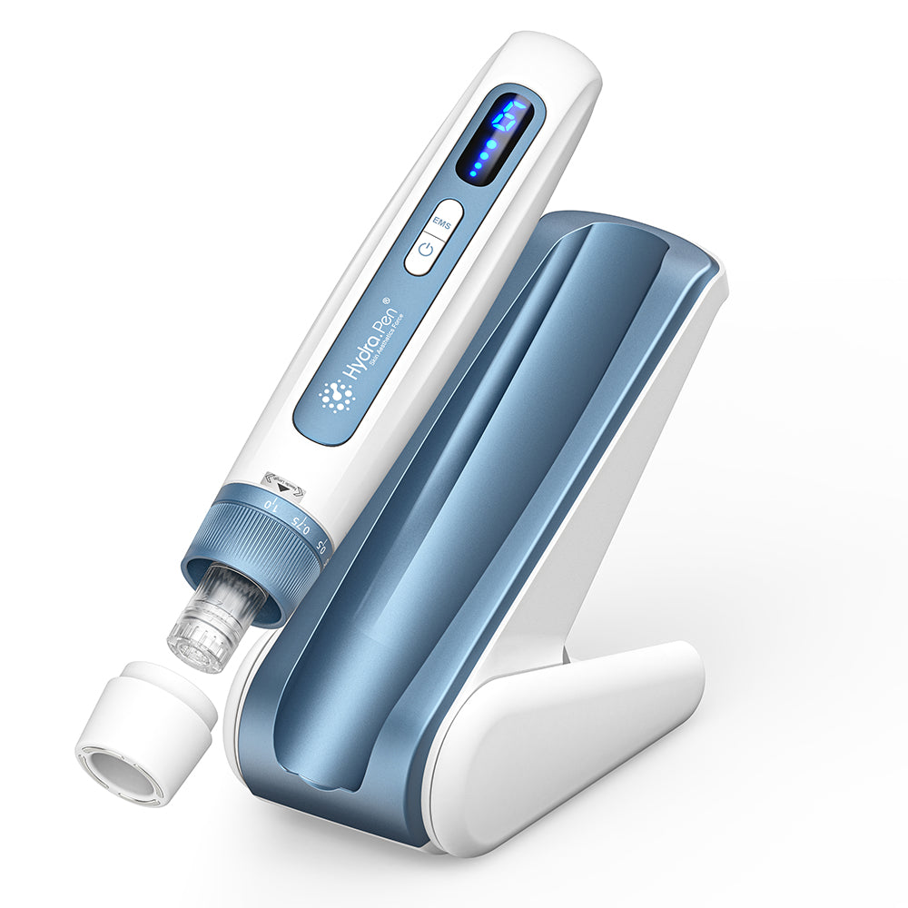 Stahlblauer Hydra Pen H5 mit Kartusche, Schutzkappe und passender Ablage mit Pausenfunktion