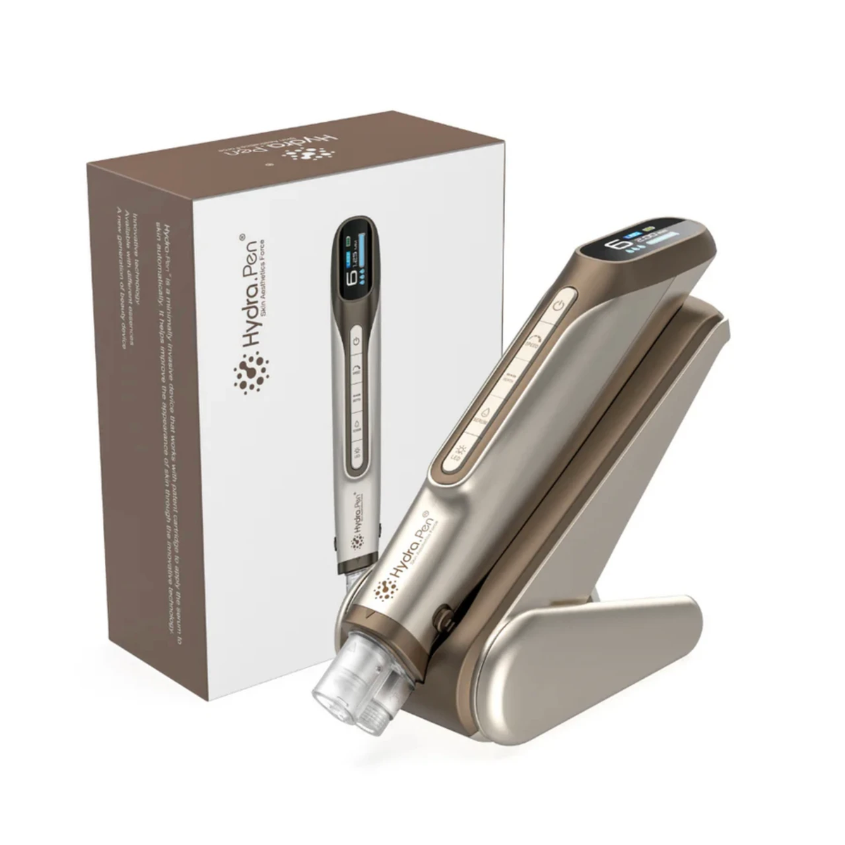 Champagnergoldener Hydra Pen H6 auf seinem Ständer neben der passenden Produktbox