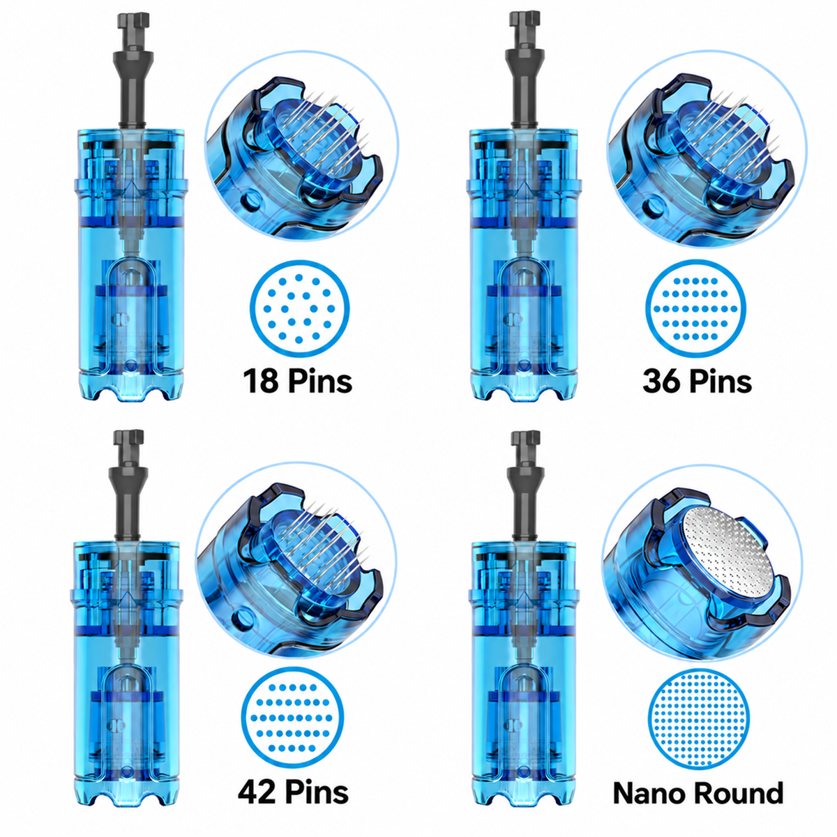 Dr. Pen M9 und M8 Max 18 Nadeln-, 36 Nadeln-, 42 Nadeln- und Nano Round-Kartuschen mit Spitzen-Nahaufnahmen