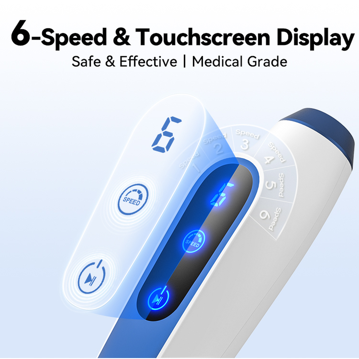 Nahaufnahme des beleuchteten Touchscreens Dr. Pen A11 und sechs Geschwindigkeitsstufen