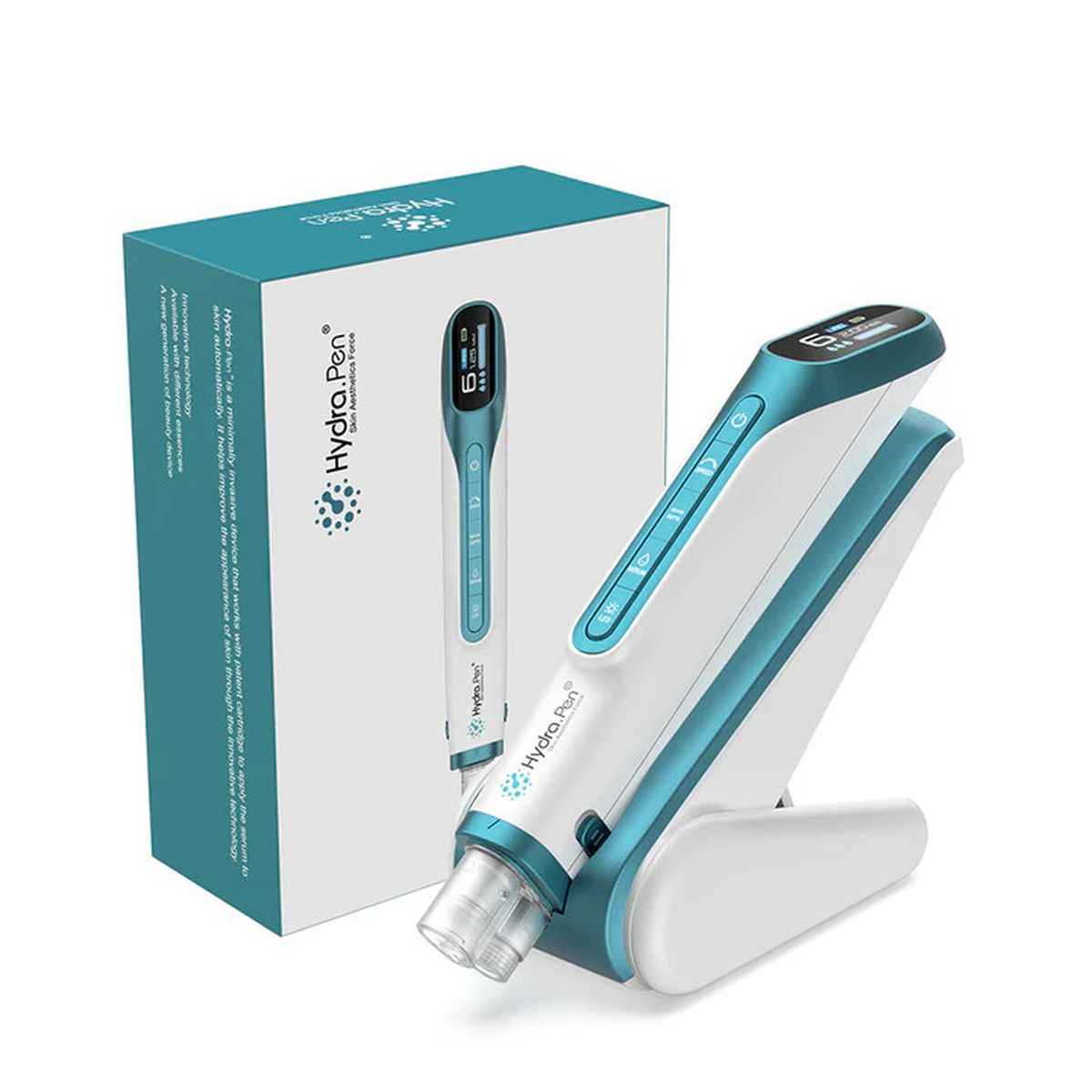 Metallic Teal Hydra Pen H6 auf seinem Ständer neben der passenden Produktbox