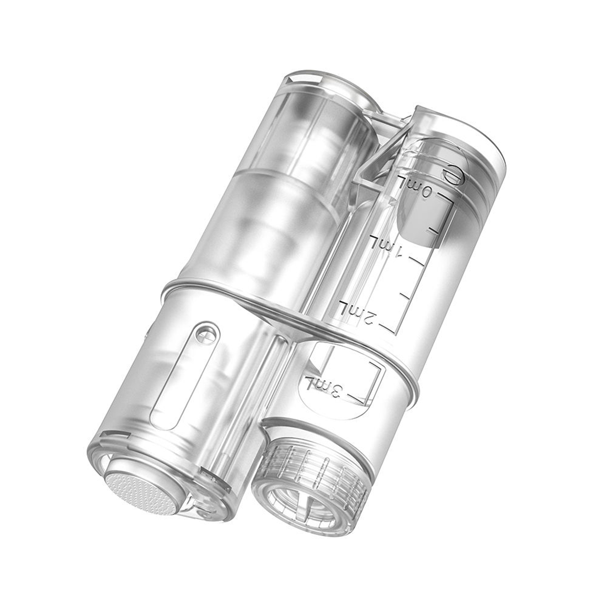 Struktur der Hydra Pen H6-Kartusche mit dem Behandlungskopf neben dem leeren 3-ml-Reservoir