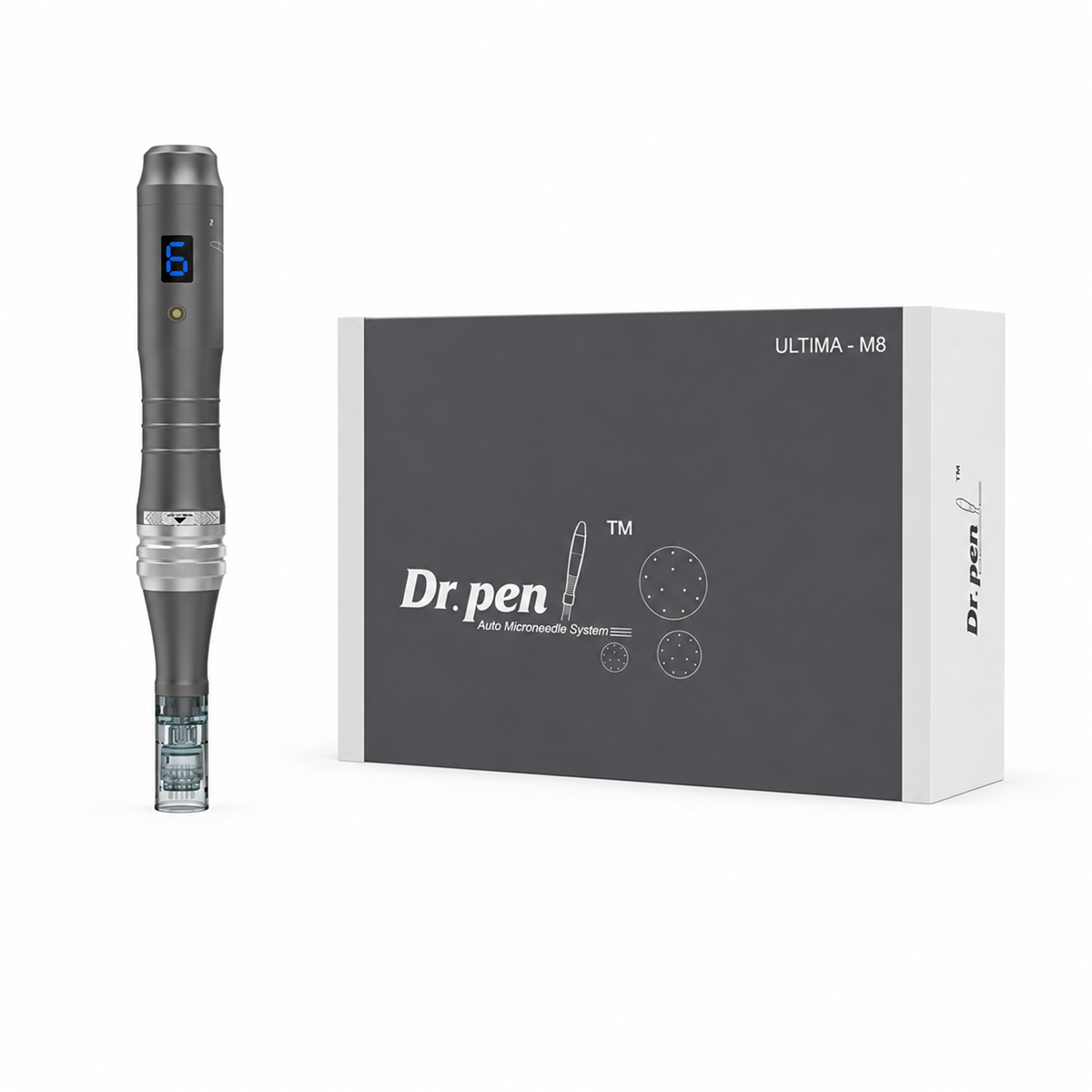 Silberner Microneedling-Nadelstift Dr. Pen M8 neben der Originalverpackung