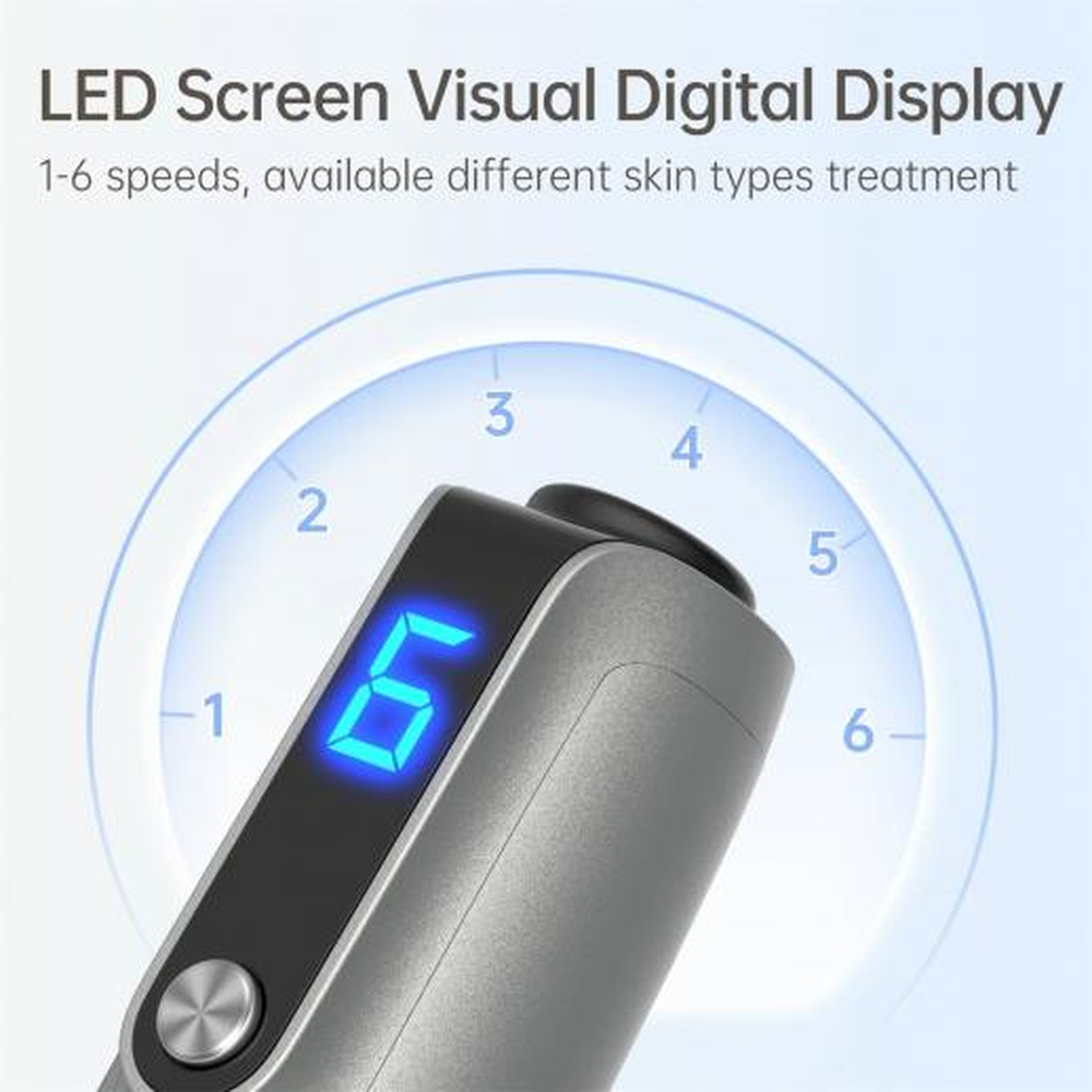 Nahaufnahme des Digitaldisplays des Dr. Pen M8s mit seinen sechs Geschwindigkeitsstufen